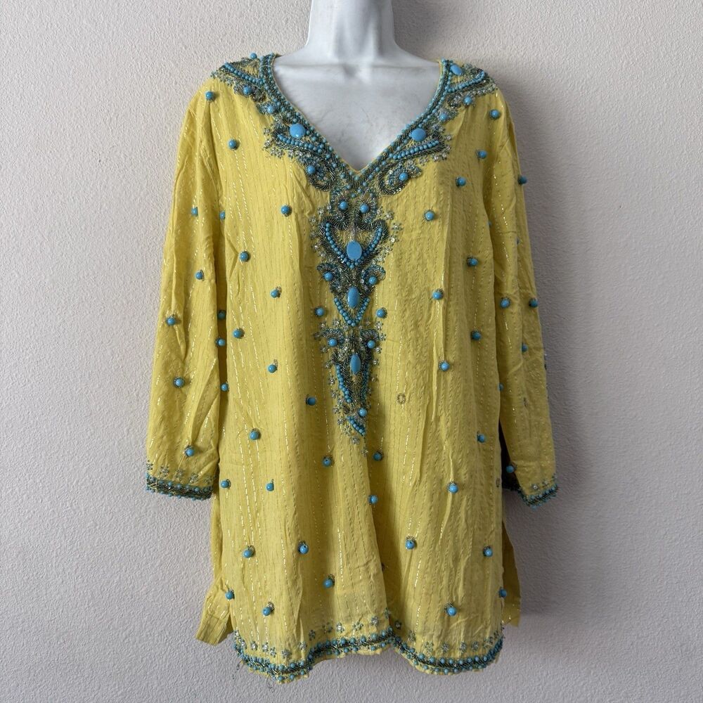 Boston Proper Tunic Top XL Yellow Metallic Cotton Lurex Beaded Boho Resort Glam